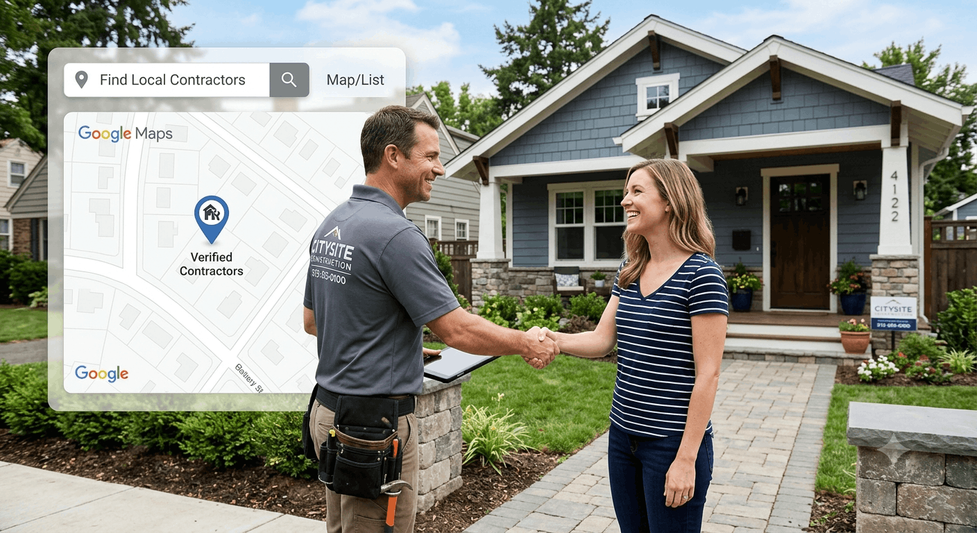 A contractor standing infront of the house of a customers that he get online