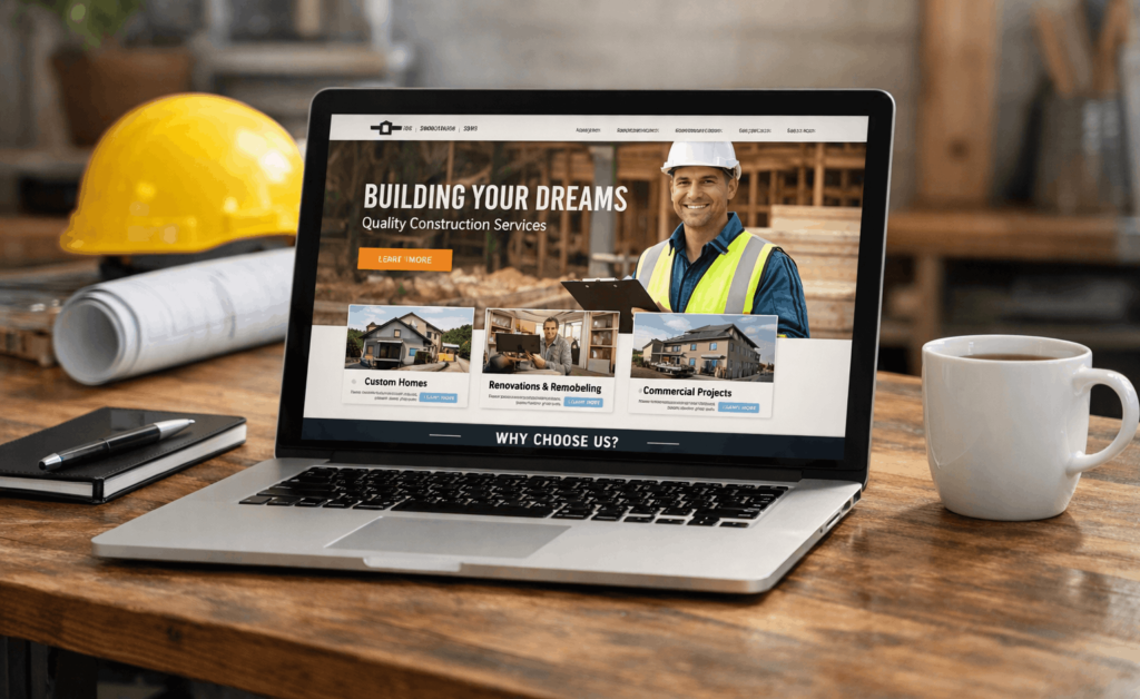 Laptop on a wooden table displaying a professional contractor website with construction services and a hard hat in the background.