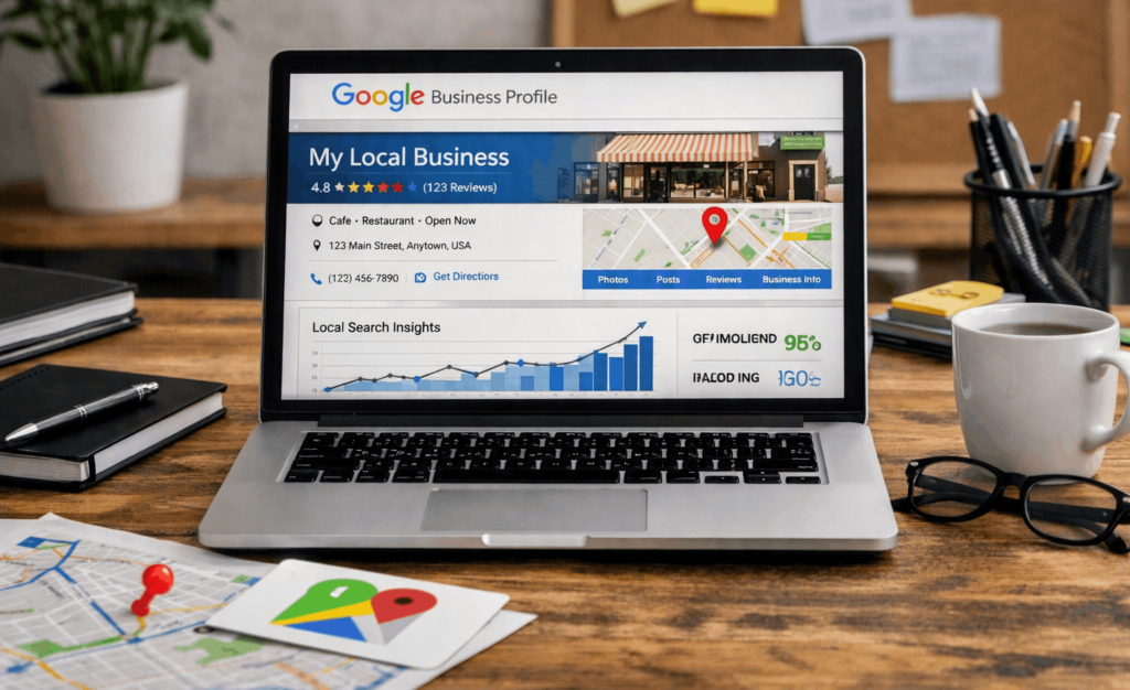 Laptop on a wooden desk displaying a Google Business Profile with business details, map location, and local search insights.
