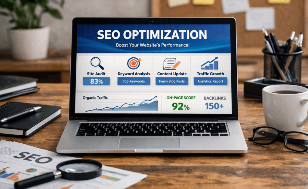 Laptop on a wooden desk displaying an SEO optimization dashboard with site audit, keyword analysis, and traffic growth charts.